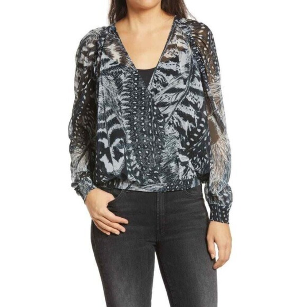 AllSaints Wrap Blouse Feather Black Long Sleeve Fara Stretto V-Neck SZ 4 New
